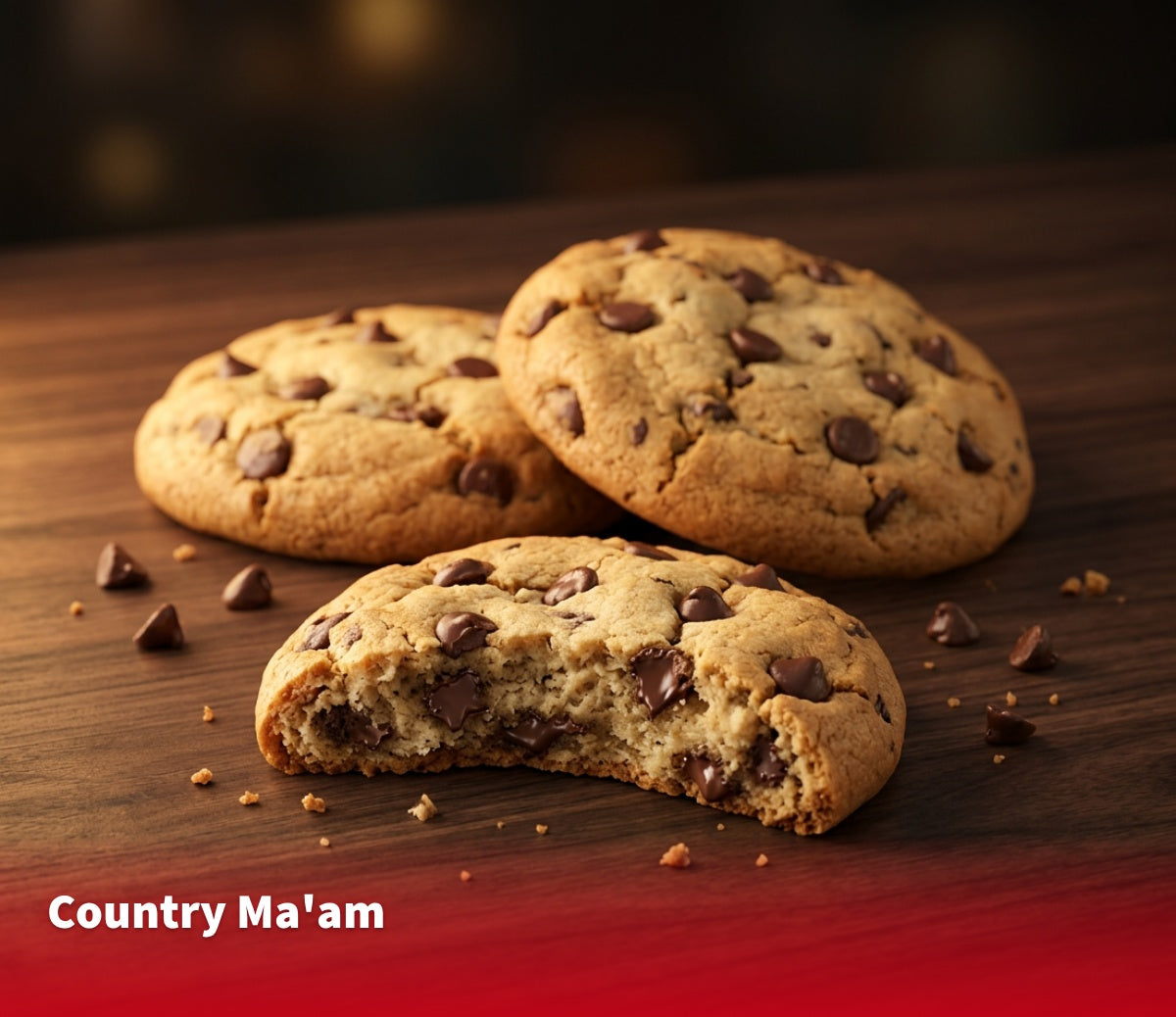 Three soft chocolate chip cookies on a wooden table, one broken open to show its moist, fudgy center