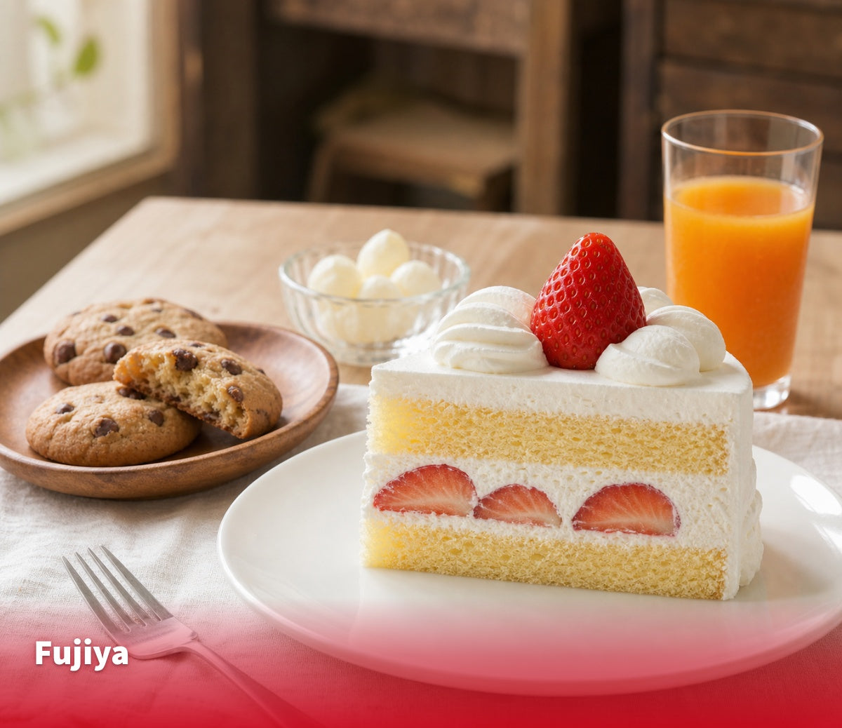 Japanese strawberry shortcake with cookies, milk candy and peach nectar