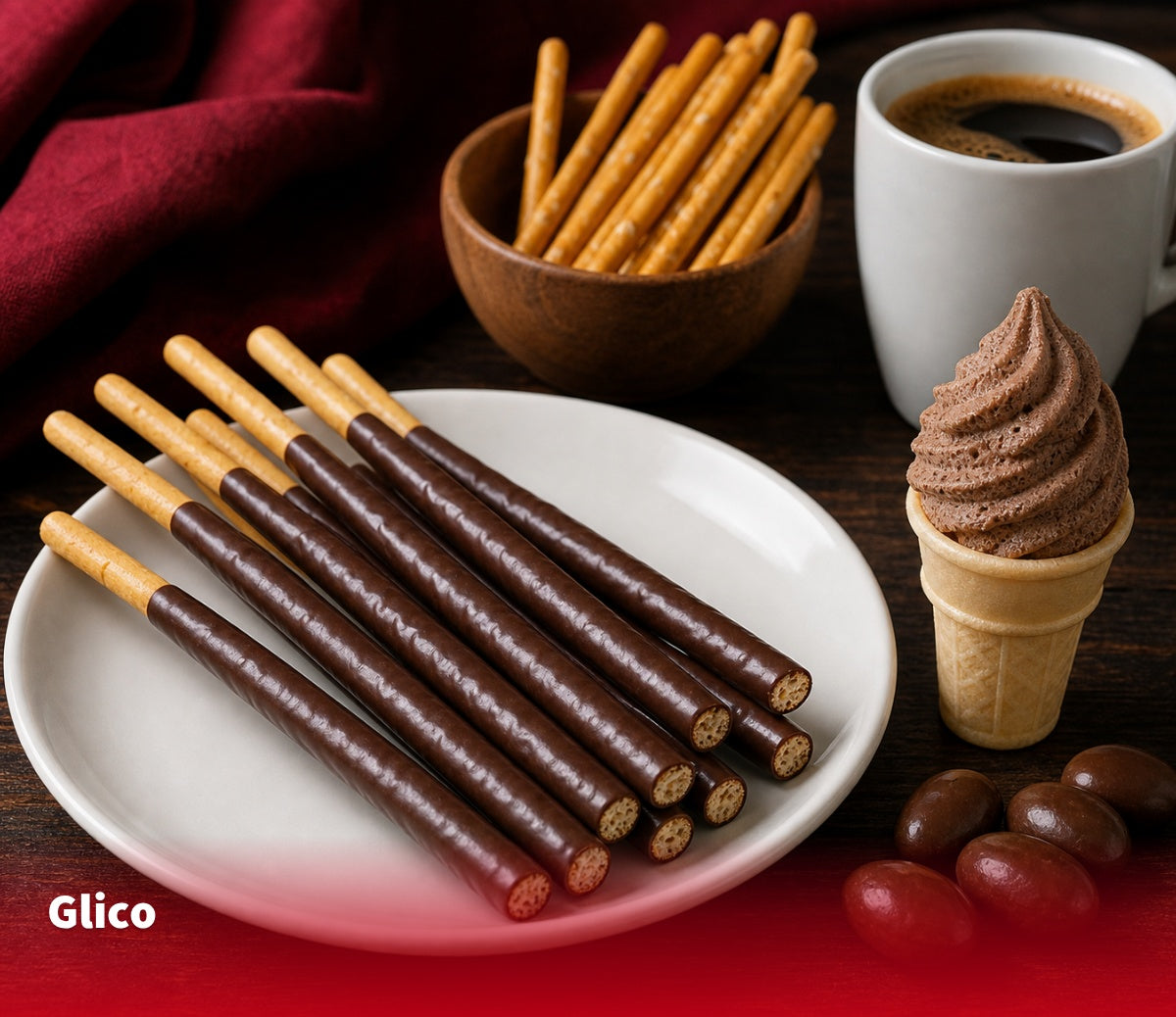 Chocolate-coated biscuit sticks, pretzel sticks and a wafer cone of chocolate