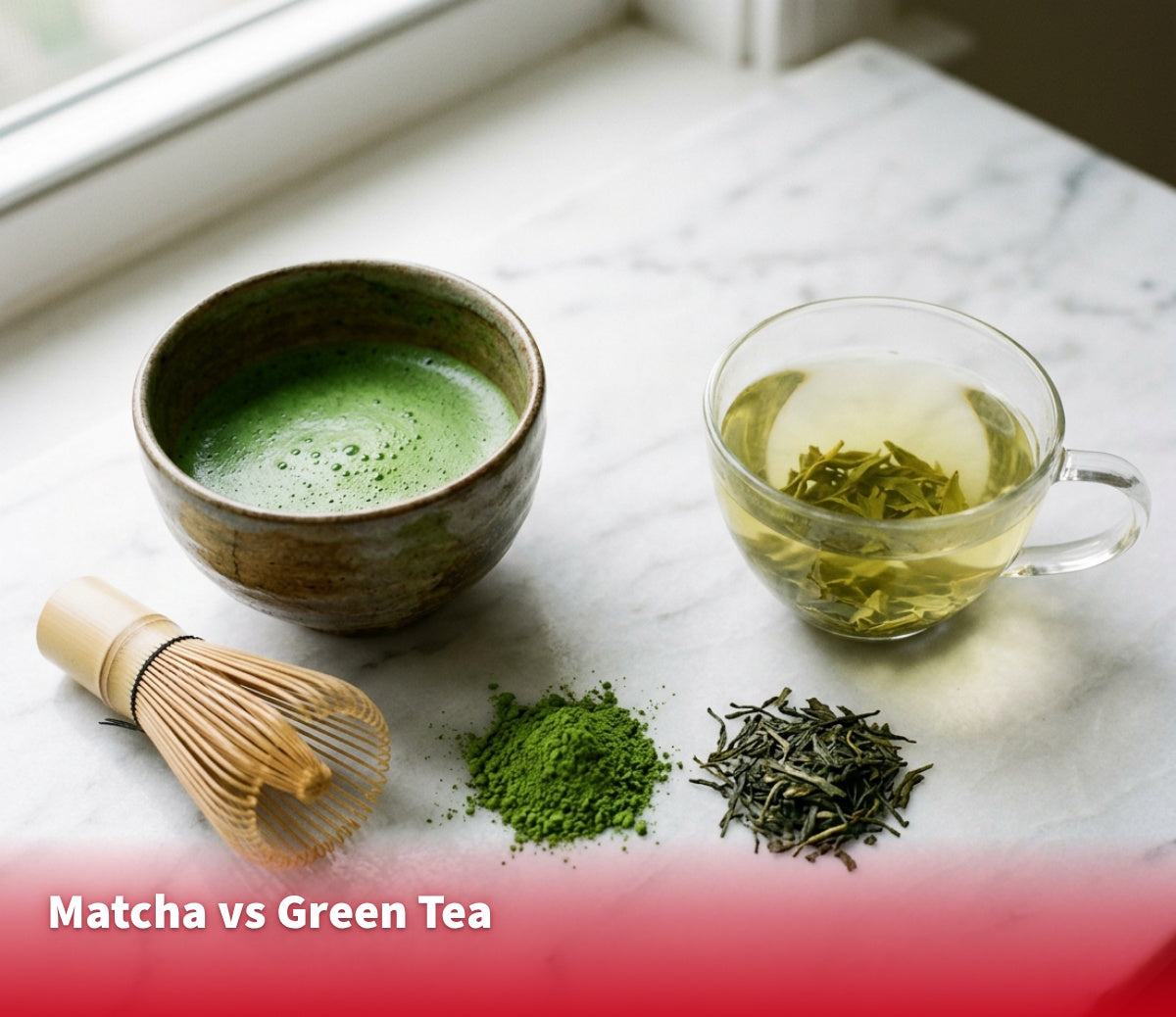 A bowl of whisked matcha beside a glass cup of green tea, with matcha powder and loose tea leaves