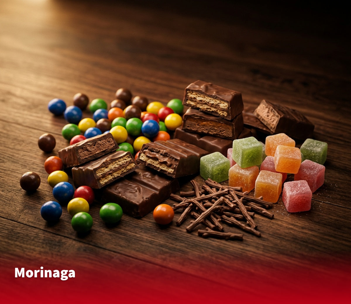 Candy-coated chocolate balls, chocolate bars, thin chocolate twigs and fruit chews on a wooden table