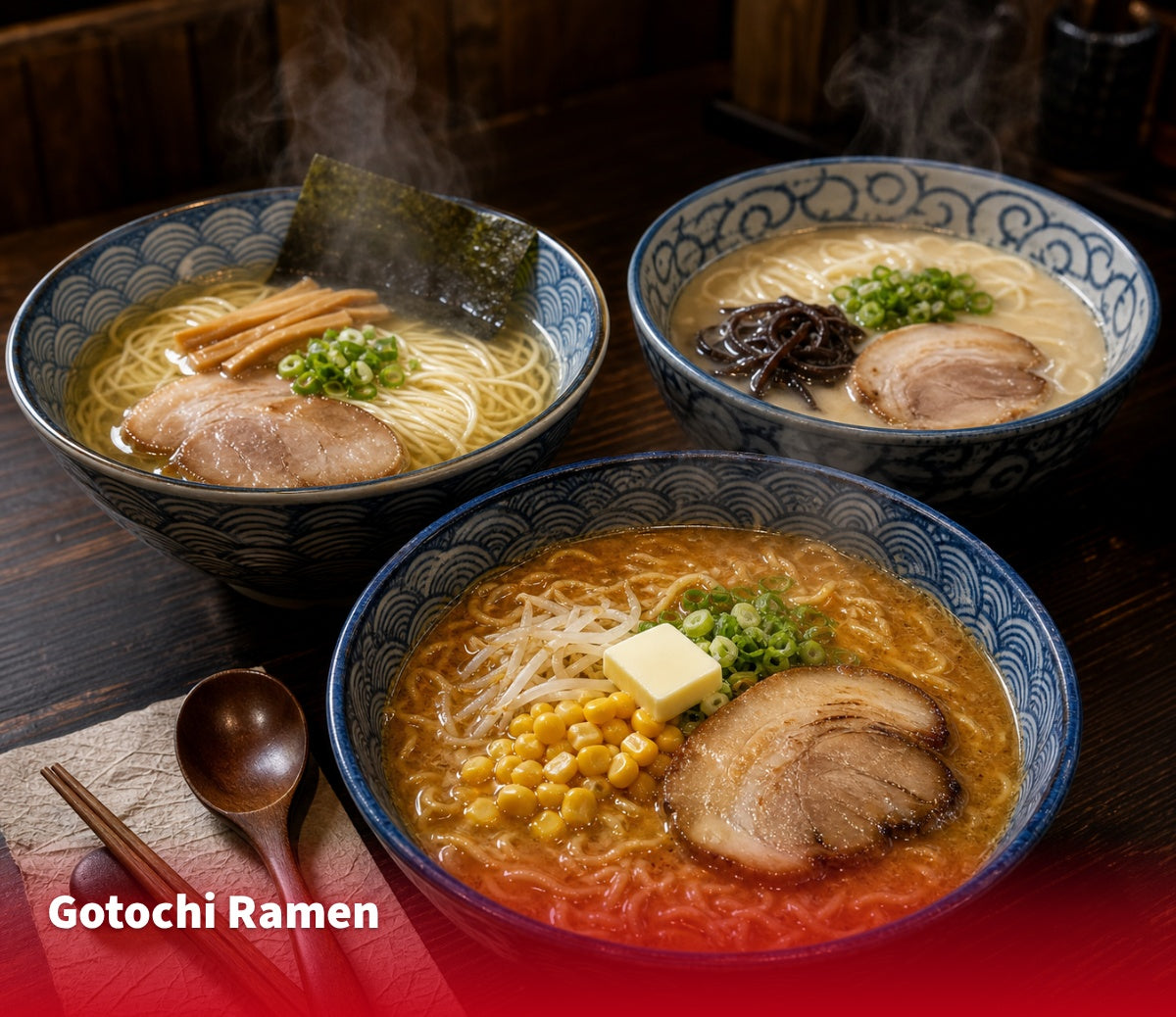 Three regional Japanese ramen bowls: miso, shio and tonkotsu