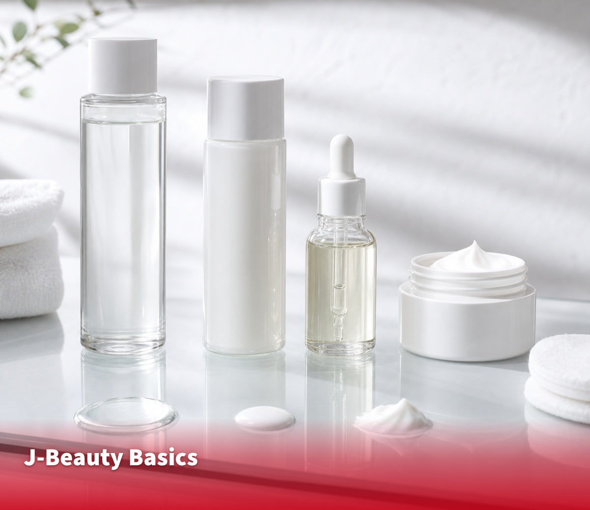 Unlabelled skincare bottles showing lotion, emulsion, serum and cream textures