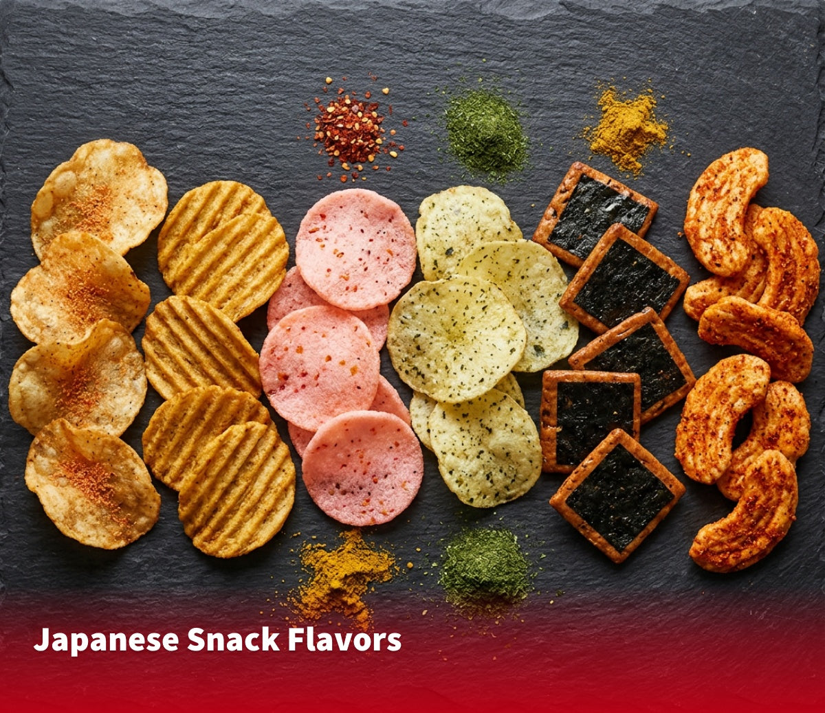 Assorted Japanese chips and rice crackers in different flavors, arranged on a dark slate board