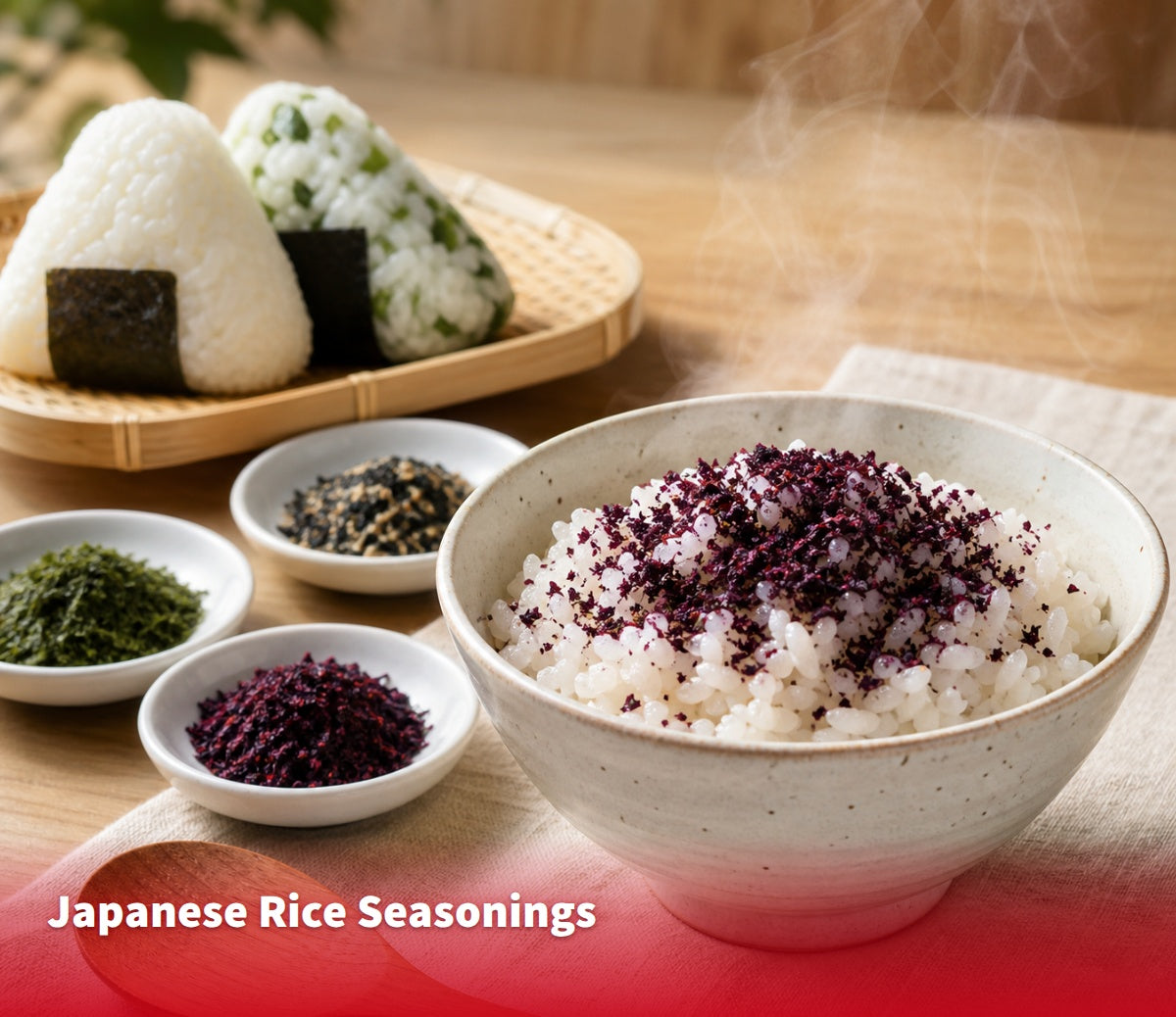 Rice topped with red shiso furikake, onigiri and dishes of Japanese rice seasonings