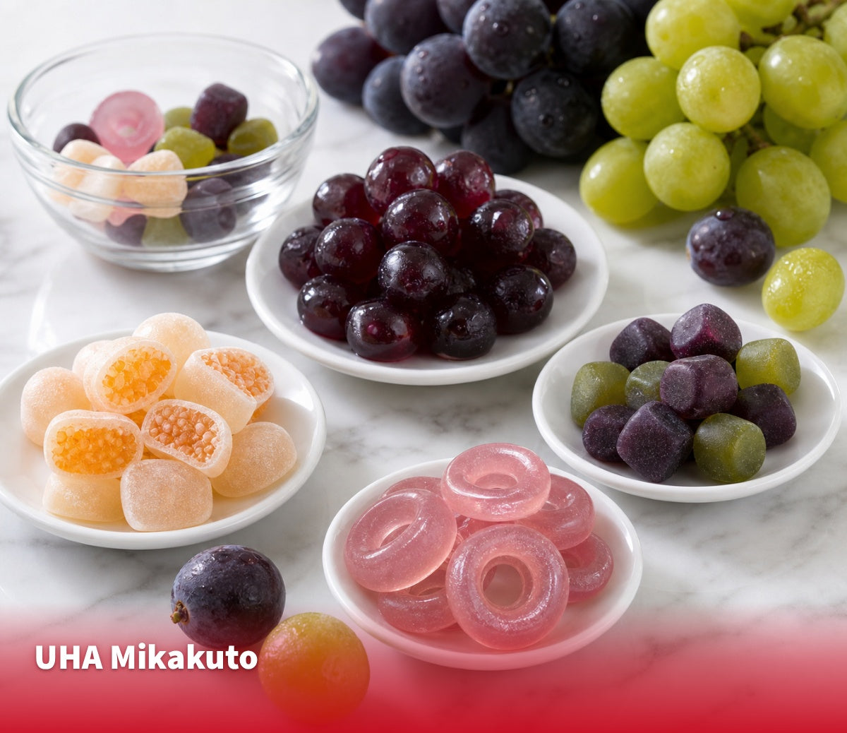 Four kinds of Japanese gummies showing different textures