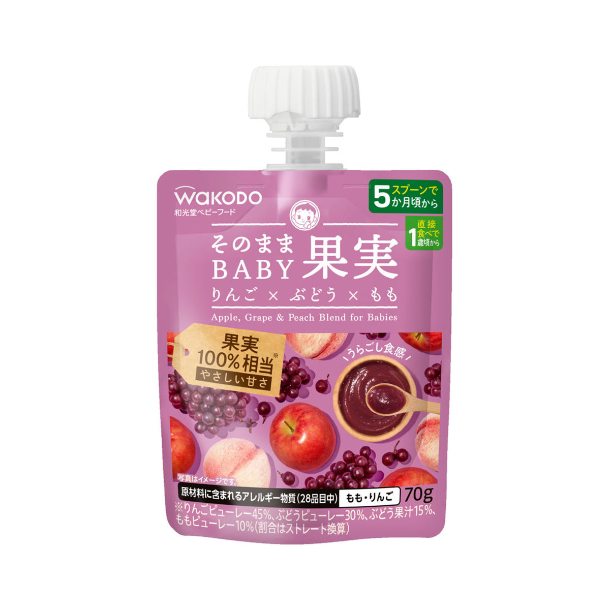 Wakodo Sonomama Baby Fruit Apple Grape and Peach Puree 70g - img-1