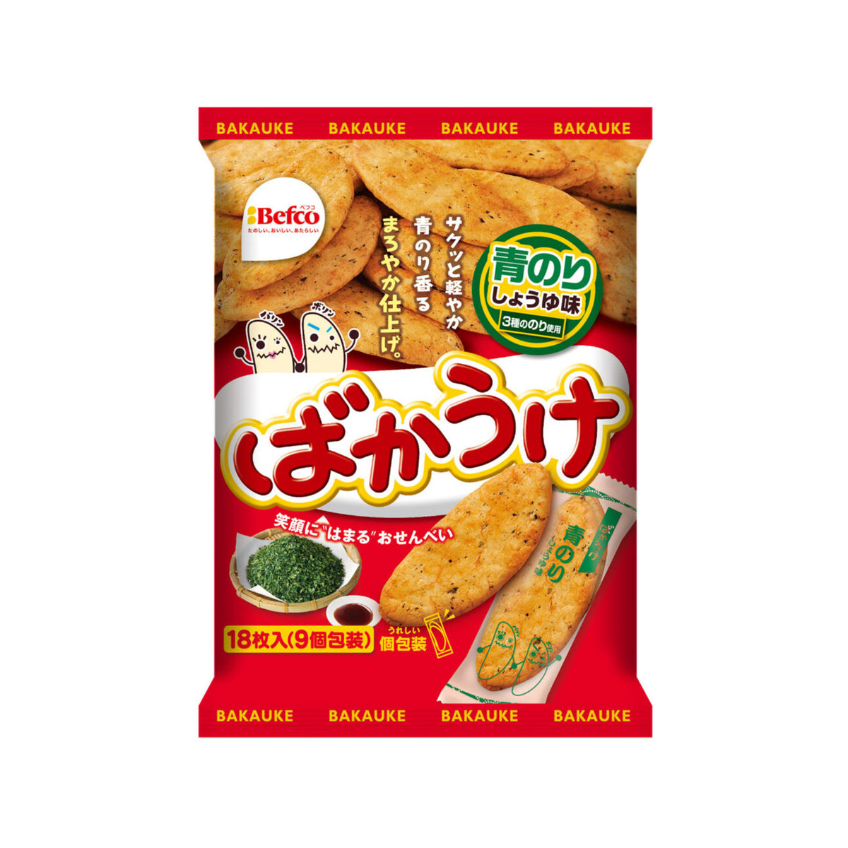 Befco Bakauke Aonori Seaweed Soy Sauce Rice Crackers 18 Pieces (100g) - img-1