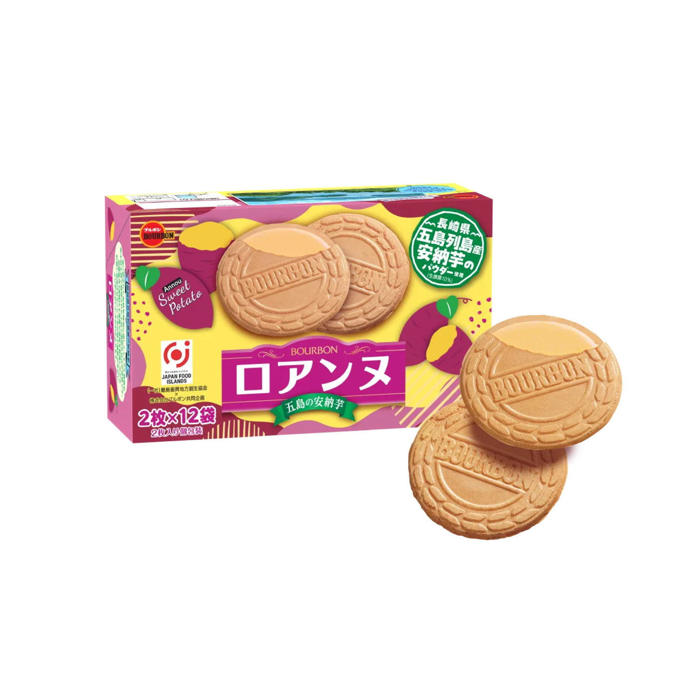 Roanne Goto Anno Imo - Japanese snacks | Package front, 2 cookies x 12 packs