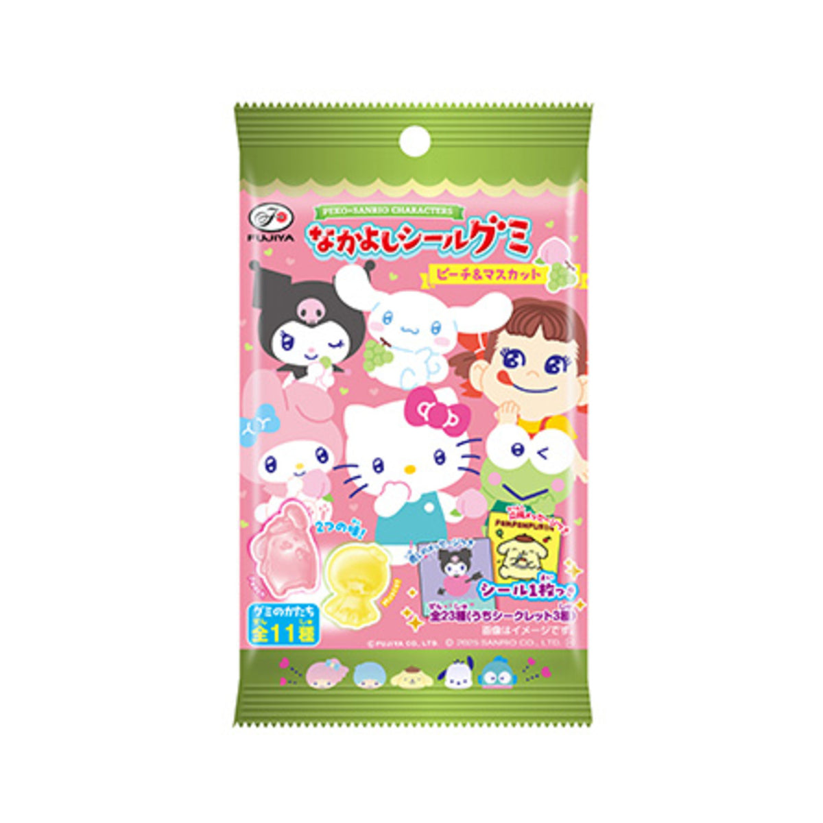 Fujiya Peko x Sanrio Sticker Gummy Peach & Muscat 6pcs - img-1