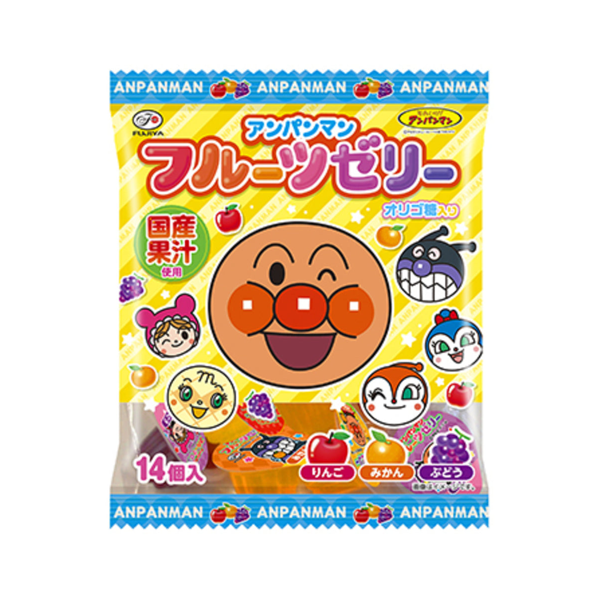 Fujiya Anpanman Fruit Jelly Assort Apple Mandarin Grape 16g x 14 Pieces - img-1