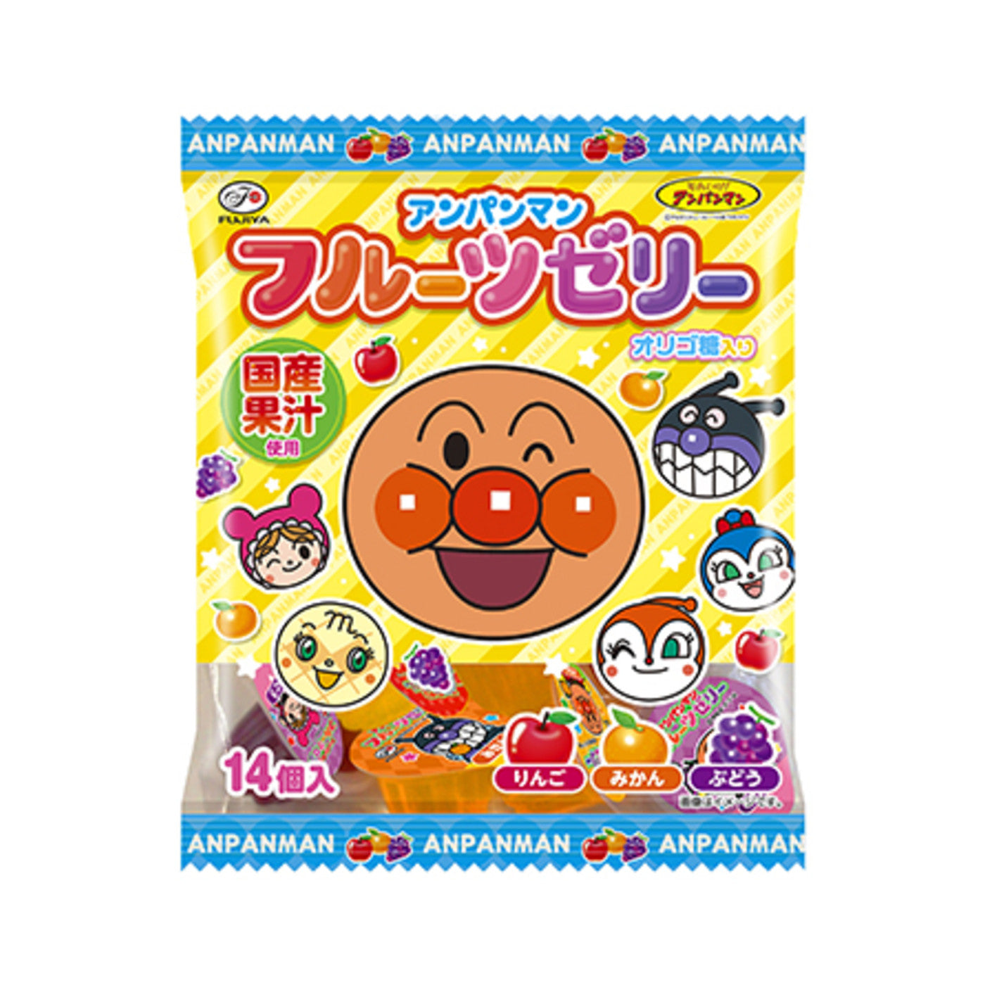 Fujiya Anpanman Fruit Jelly Assort Apple Mandarin Grape 16g x 14 Pieces - img-1