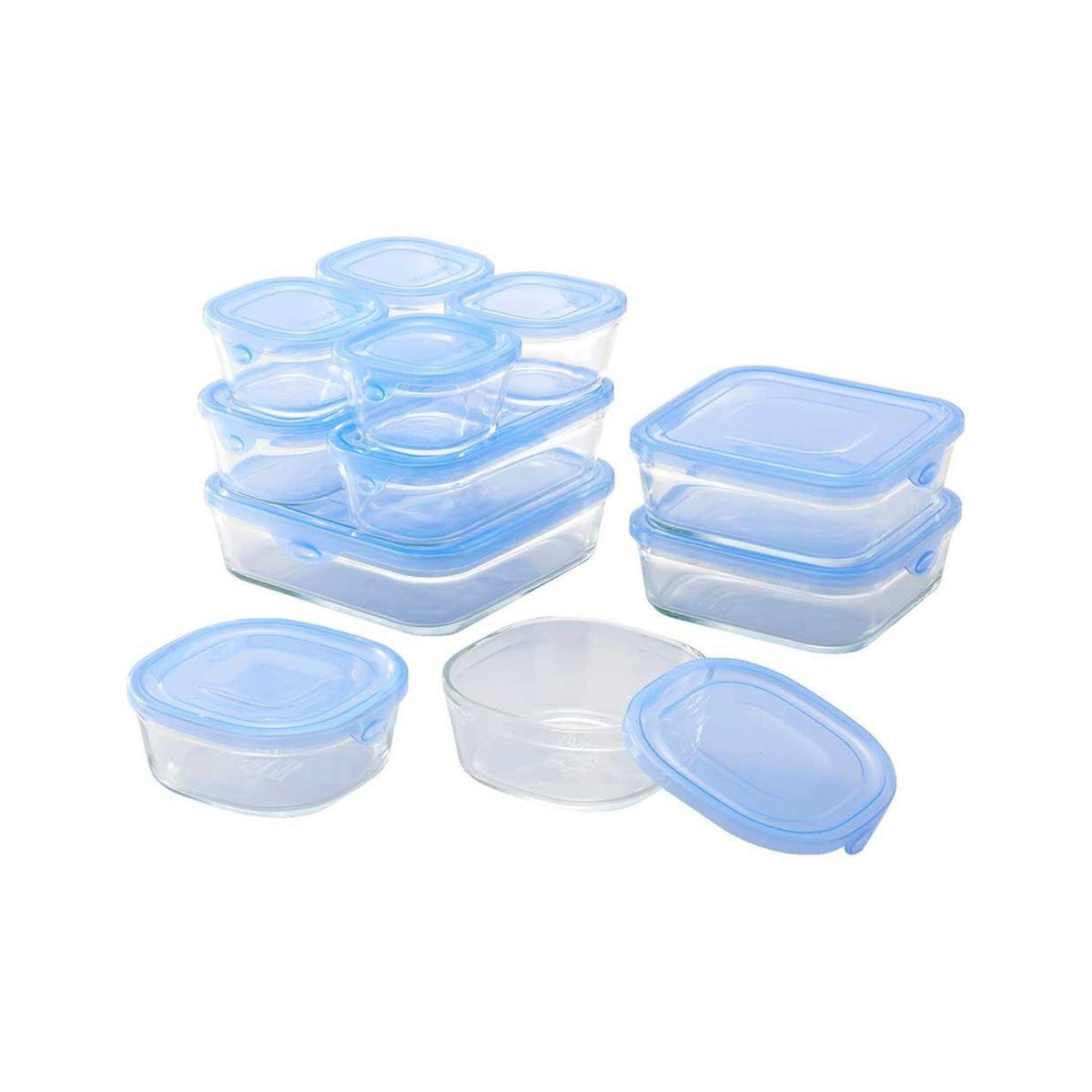 Iwaki Pack and Range Square Deluxe Glass Container Set Aqua Blue PS-NPR-11B
